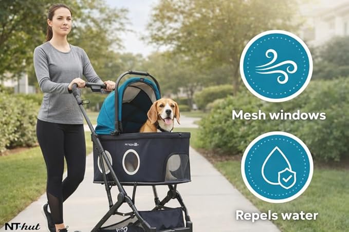 Dog Stroller for Small Medium Dogs & Cats Up to 50 lbs – NTHUT WagZee Foldable Pet Stroller with 360° Mesh Windows, One-Click Fold, Reflective Trim, Storage Basket & Cup Holder (Black Teal)