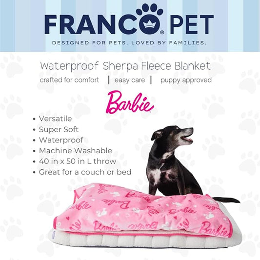 Franco Pet Barbie Super Soft Cozy Waterproof Sherpa-Backed Blanket Throw for Medium Dogs, Couch/Bed/Car, 40x50 (Officially Licensed Product)