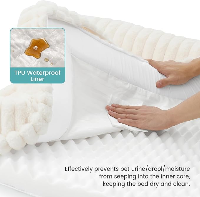 COZY KISS Cute Dog Bed for Medium Dogs, Faux Rabbit Fur Orthopedic Foam Dog Bed with Sides, Removable Washable Cover & Waterproof Lining, Comfortable Pet Couch, Cream (36" L x 27" W x 6.5" Th)