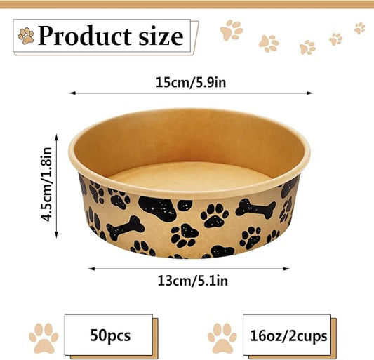 Whaline 50Pcs Disposable Feeding Bowls Cute Kraft Paper Dog Bowls Small Dog Dish 16 Ounces 2 Cup Pet Food Bowls Serving Food Tray for Puppy Cat Travel Wet Dry Food Water