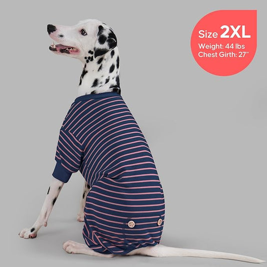 KYEESE Dog Pajamas, Striped Clothes Pet PJS, Velvet Fleece Doggie Jammies, 4 Legs Outfit Soft Dog Pajamas, Cozy Pet Clothes Onesie, Comfortable PJS for Medium Dogs,Navy Blue Striped, XX-Large
