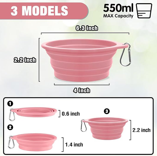 Rest-Eazzzy 2-Pack Silicone Collapsible Dog Bowls, BPA Free Dishwasher Safe, Portable Foldable Travel Bowl, Food Water Feeding Cup Dish for Dogs Cats with 2 Carabiners (Grey, Pink, 550 ML)