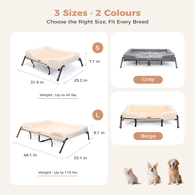 Lekereise Raised Dog Bed for Small Dog 32x25 Inch, Orthopedic Pet Beds with Waterproof Egg Crate Foam, Removable Dogs Couch Bed for Indoor Outdoor, 2-in-1 Design, Load 40lb, Beige