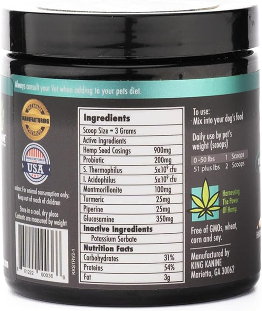 King Kanine Strong Plus Probiotic, Protein & Joints 6 oz | Organic Powder to Improve Join Mobility & Gut Health | Supplement for Dogs Care Made with Minerals & Vitamins | Veterinarian Approved