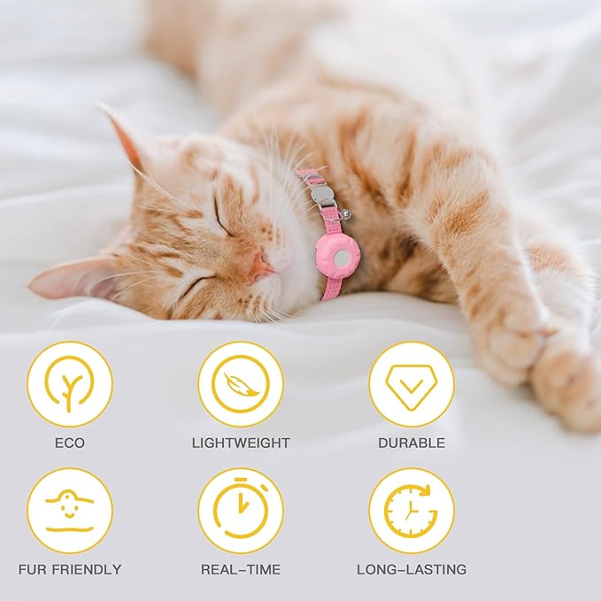 Cat Tracker,No Monthly Fee GPS Trackers for Cats Work with Apple Find My App(iOS Only),Real-Time Location Tracking,Cat Tracker GPS Collar with Safety Elastic Buckle-Pink