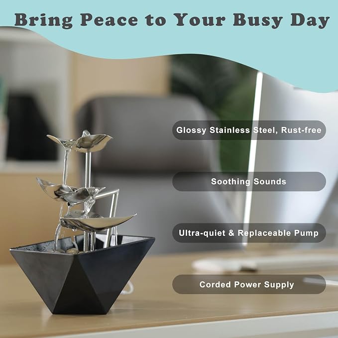 Trilogy Tabletop Fountain with 3-Tier Stainless Steel Waterfall | Handcrafted Design, Adjustable Water Flow & Smart Pump for Modern Home Decor