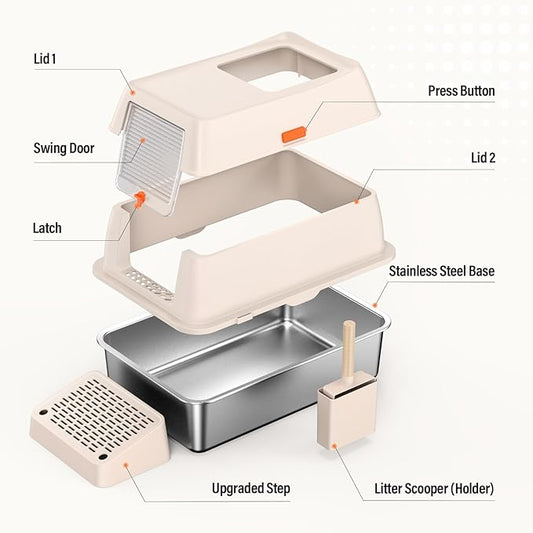 Removable Stainless Steel Cat Litter Box with lid, Front & Top Entry Kitty LitterBox,Cat Litter Box Enclosure, XL Extra Large High-Sided Metal Cat Box with Scoop,Mat,Footboard (Cream)