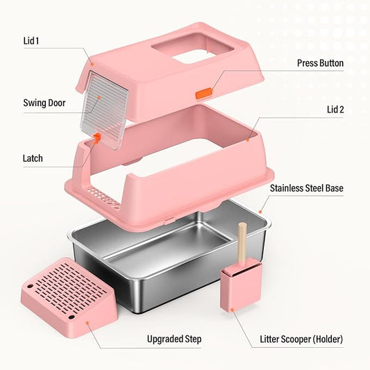 Removable Stainless Steel Cat Litter Box with lid, Front & Top Entry Kitty LitterBox,Cat Litter Box Enclosure, XL Extra Large High-Sided Metal Cat Box with Scoop, Mat, Footboard (Pink)