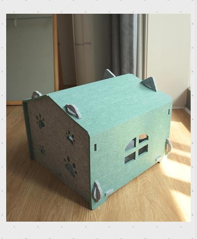 Removable Folding Model Cat Cottage Cat Bed, All Season Useful Litter Box, Fun for Cats or Dogs, The Peekaboo Foldable Felt Cat Cave and Cube for Small Medium Large Cats, Green
