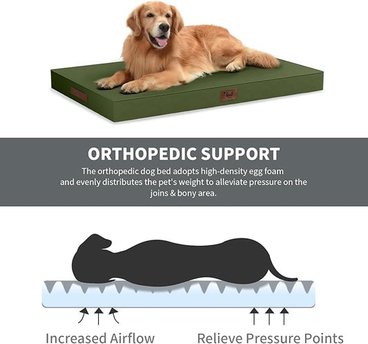 Outdoor Extra Large Dog Bed, Waterproof Dog Bed for Large Dogs, Egg Crate Foam XL Pet Bed with Removable Washable Oxford Cooling Cover, Amy Green