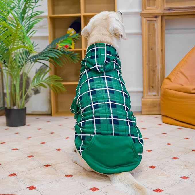 EXPAWLORER Plaid Dog Hoodie - British Style Warm Dog Sweater Shirt with Leash Hole,Pitbull Clothes Outfits,Winter Coat Apparel for All Breeds Puppy Girl Boy-Cat Apparel,Green Large