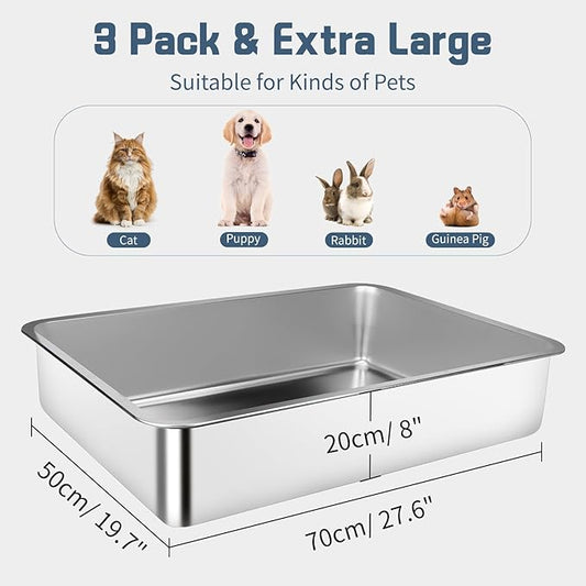 3 Pack Stainless Steel Litter Box, 27.6"x19.7"x8" XXXL Metal High Sided Cat Litter Pan, Extra Large Stainless Steel Box Splash-Proof and Non-Stick Cat Poop Box Odorless