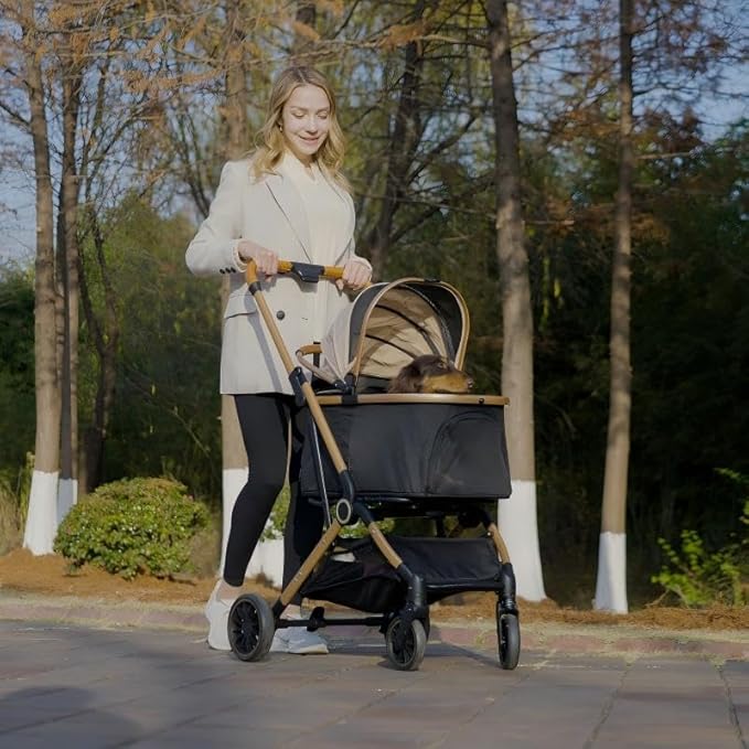 3-in-1 Pet Stroller with Detachable Carrier, Luxury Dog Stroller for Small Dogs & Cats, Lightweight Foldable Cat Stroller with 360° Rotating Wheels, Travel Friendly, Classic Brown