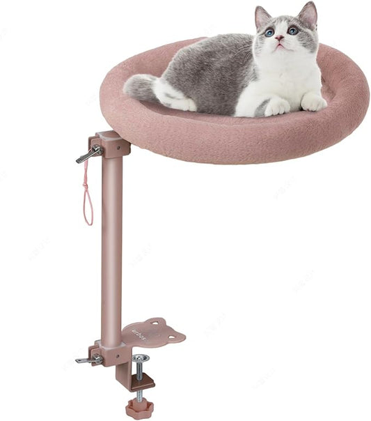 Cat Desk Bed,Steel Cat Bed for Desk,Up and Down Available,360° Rotating, Shelf Height Adjustable, Desktop Attachment Cats Nest Perch Hammock for Office Game Tables, Supports 40lb(Brown)