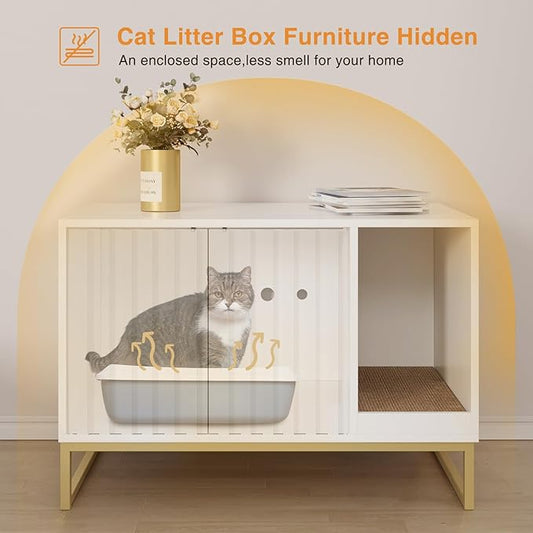Halitaa Litter Box Enclosure, Modern Cat Litter Box Furniture Hidden Litter Box with Scratch Pad, Cat Washroom House End Table, Entryway Bench for Livingroom (White)