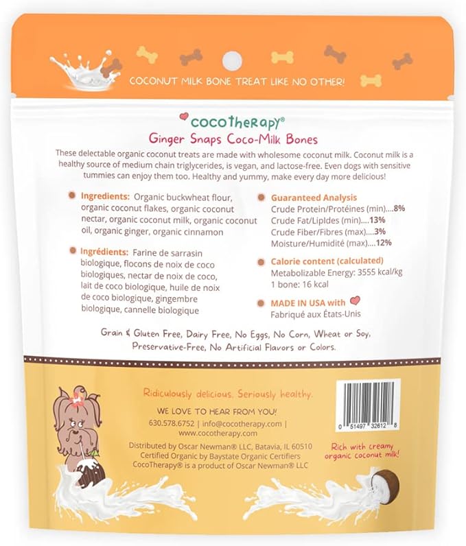 CocoTherapy Ginger Coco-Milk Bones 3 Pack, 6 Ounces Each, USDA Organic