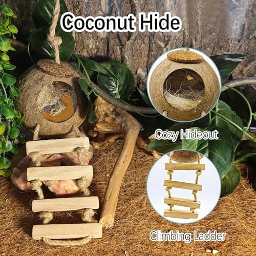 9PCS Reptile Crested Gecko Hide Coconut Hut Climbing Ladder Plants Decor