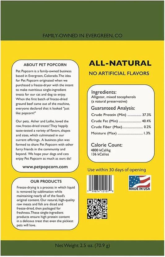 Freeze-Dried Raw Treats - Alligator - 2.5oz Bag, Dog & Cat Snacks, 2 Ingredients, Natural, Pet Food Topper, Novel Protein‑Packed Meat