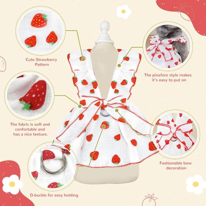 Dog Dresses for Small Dogs Girl Female Clothes Cat Clothes Cat Dress Cute Cotton Extra Summer Bow Decor Printed Strawberry Dog Birthday Outfit Small Puppy Clothes White L