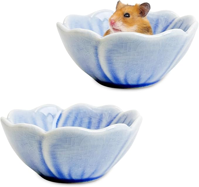 BNOSDM 2 Pcs Hamster Ceramic Food Bowl Flower Series Gerbil Drinking Bowls Anti-Turning Food & Water Dish for Dwarf Syrian Hamsters Gerbil Chinchilla(Blue, Narcissus Pattern)