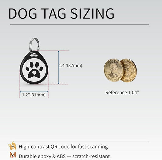 QR Code Dog ID Tag for Collar, Smart Pet ID with Instant Location Email Alerts, Silent Anti-Lost Dog Tag, No App or Subscription, Online Pet Profile Access(1.2”, Black)