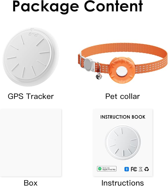 Cat Tracker, MINI GPS Tracker, Compatible with Apple Find My App(Only iOS), Waterproof Cat Trackers Collar with Bell and Safety Elastic Buckle, No Monthly Fee Pet Tracker,Orange