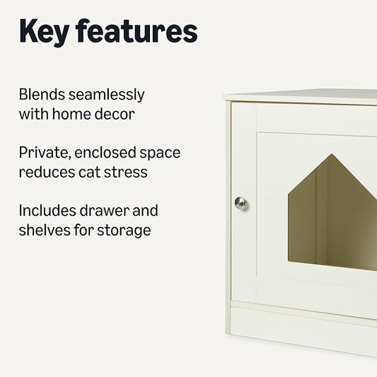 Amazon Basics Cat Litter Box Enclosure, Furniture-Style Cabinet with Drawer and Shelves, Hidden Cat Litter Box, White