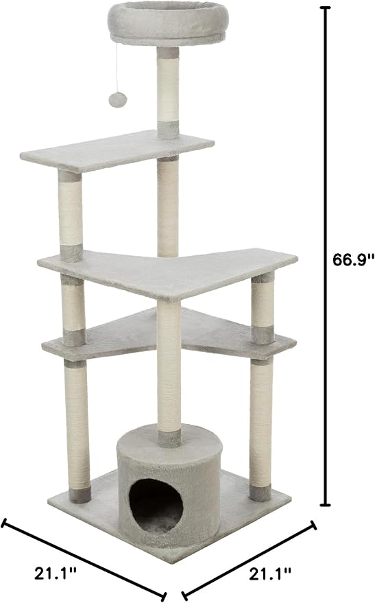 TRIXIE Seli Cat Tree โ Cat Tower with Sisal Posts, Condo, Padded Platforms & Hanging Toy โ Cat Furniture for Indoor Cats โ Gray, 21.1" x 21.1" x 59.1"