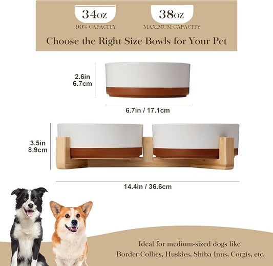 MALACASA Ceramic Dog Bowls Set with Wood Stand, 3.5 Cups Pet Bowls for Medium Dogs with Non-Slip Base, Large Puppies, Cats, Retrievers, ect.Pet Food & Water Basic Bowls Set, Weighted Glaze Matte.34 OZ