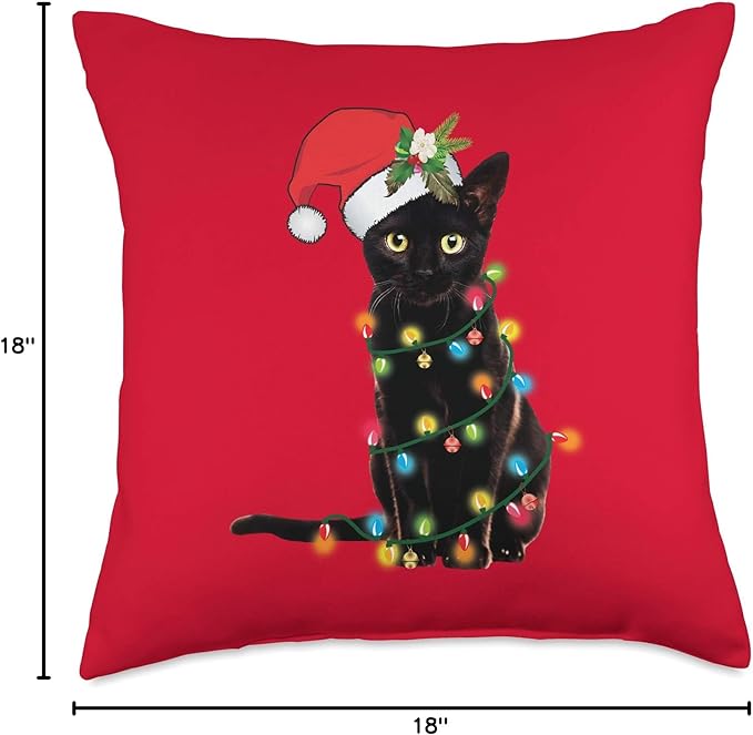 Santa Black Cat Tangled Up in Christmas Tree Lights Holiday Throw Pillow