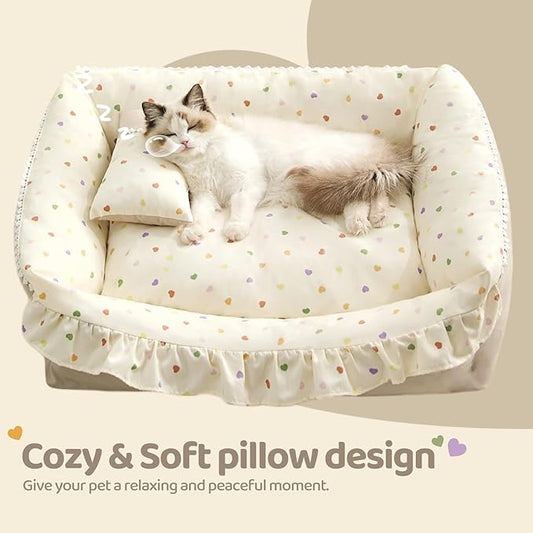 Jiupety Cat Bed for Indoor Cats Dog Beds for Small Dogs Removable Washable Small Dog Beds Pet Beds with Slip-Resistant Bottom Ruffled Puppy Beds with Pillow,Beige 24"x20"