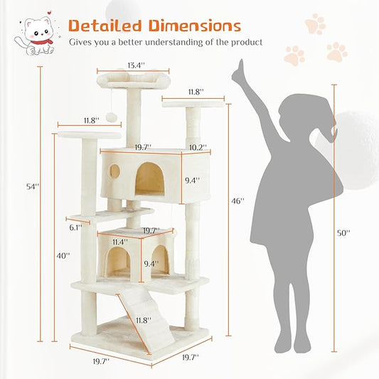 54 Inches Cat Tree Condo Furniture, Cat Tree for Indoor Cats, Cozy Hammock and Sisal Scratching Posts, Cat Tower Multi-Level Durable Cat Scratch Post for Kittens Pet House Play, Detachable, Beige