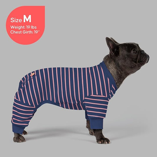 KYEESE Dog Pajamas, Soft 4 Legs Doggie Jammies, Striped Velvet Fleece Dog PJS, Pet Jumpsuit Puppy PJS, Soft Pajamas Stretchable Outfit, Cozy Onesie Sleepwear,Navy Blue Striped, Small
