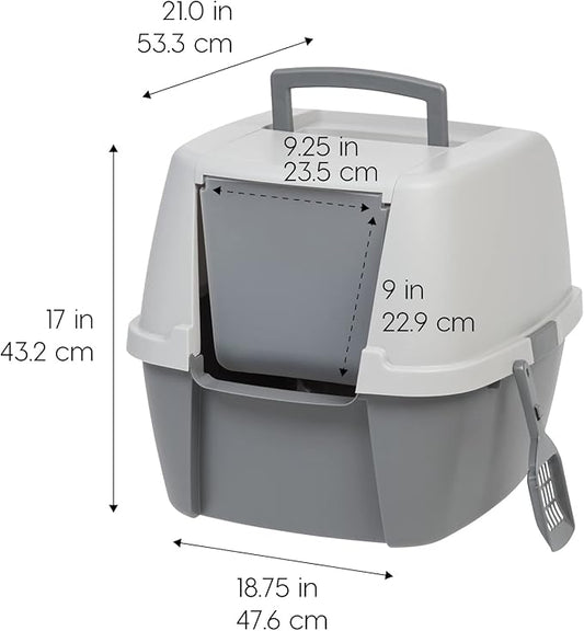 IRIS USA Cat Litter Box, with Front Door Flap, Handle and Scoop, Dark Gray + Extra Sticky Lint Roller, Value Pack Comes with Storage Box, Standard and T-Handle Roller, Refills, 1260 Sheets Total