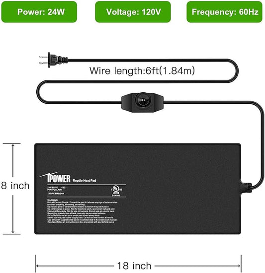 iPower 8X18 Inch 24 Watts Reptile Heating Mat with Adjustable Temperature Controller Under Tank Warmer Terrarium Heat Pad for Reptiles and Amphibians, for 50-60 Gallon Tank, 2 Pack