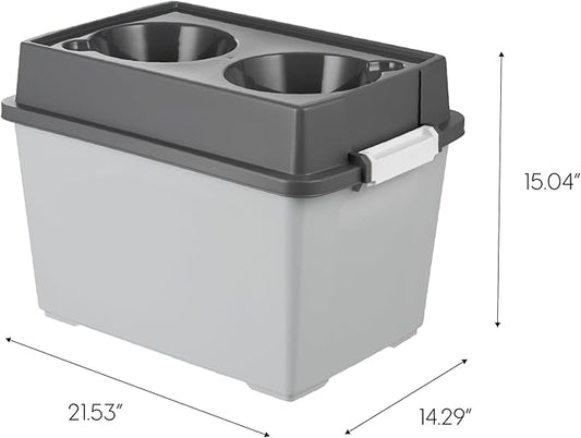IRIS USA Dog Bowls Elevated with Storage, 15" H Raised Feeding Station, Dog Bowl Stand with Airtight Food Storage Holds 47 lbs, 2 Removable 64 oz Stainless Steel Bowls for Large Dogs, Smoke/Black