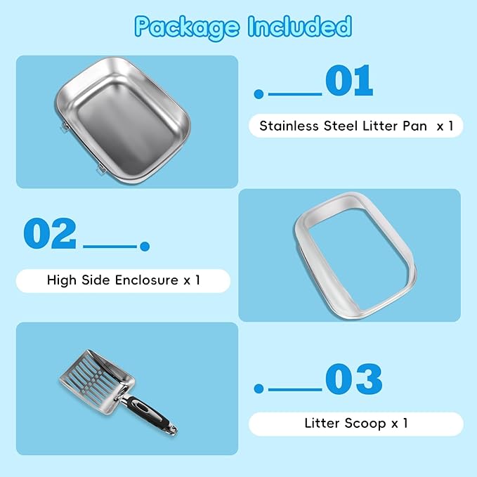 Stainless Steel Cat Litter Box, 23.6" L x 15.7" W x 11.8" H Extra Large Semi Enclosed Removable Metal Litter Tray with High Sided Enclosure, Scoop, Non-Sticky, Easy Cleaning