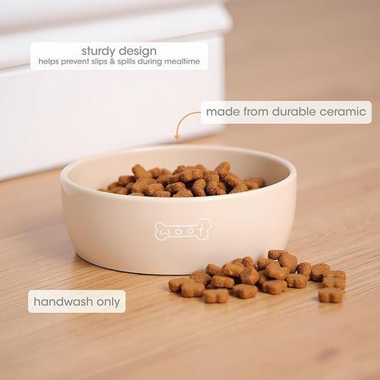 Pearhead Ceramic Dog Bowl – Neutral Taupe “Woof” Design, Holds 2.5 Cups, Non-Skid Stoneware Pet Feeding Dish, 20 oz, Medium