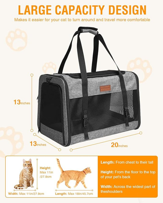 PETUX Large Pet Carrier for Large Cats & Small Dogs - Up to 20Lb, Top and Side Entry, 4 Side Breathable, Foldable Soft Cat Travel Carrier with Safety Car Seat Buckle and Anti-Scratch Mesh - Grey