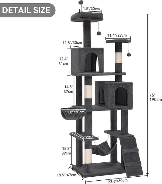 DWVO 75-inch Indoor Cat Tree Tower, Multi-Level Pet Playground, Cat Furniture with Scratch Posts, Hideaway Condos, Soft Perch, Snug Hammock, Climbing Ladder, and Plush Balls for Kittens (Dark Gray)