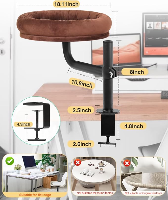 Cat Bed for Desk,Keeps Kitten Close and Workspace Clear Cat Bed,Height Adjustable and Rotatable,Drilling-Free(Dark Brown,18.5" Lx17.5 Wx16.8 W)