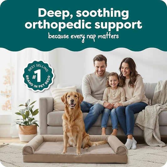 Furhaven Orthopedic Dog Bed for Large Dogs w/ Removable Bolsters & Washable Cover, For Dogs Up to 95 lbs - Luxe Faux Fur & Performance Linen Sofa - Woodsmoke, Jumbo/XL