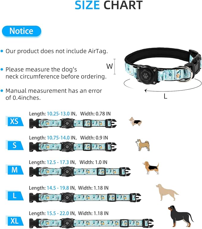 Upgrade Dog Collar with AirTag Holder, IP68 Waterproof, Blue Meadow, L | Built-in Water Resistant AirTag holder, 1000D Nylon, Reflective Stitching for Night Visibility, Soft padding for Comfort