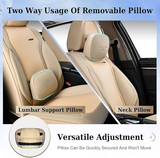 Coverado Seat Covers, Car Seat Covers Front Seats, Waterproof Nappa Leather Auto Seat Cover with Lumbar Head Pillow, Beige Seat Covers Carseat Cover Universal Fit for Most Cars