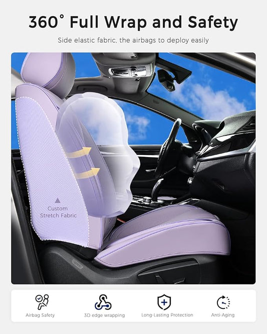 Huidasource Purple Front Seat Cover, Front Car Seat Cover Nappa Leather with Lumbar Support, Side Elastic Fabric, Airbag, Ventilation & Heating, Universal Fit for Most Vans Cars SUV Trucks, Purple
