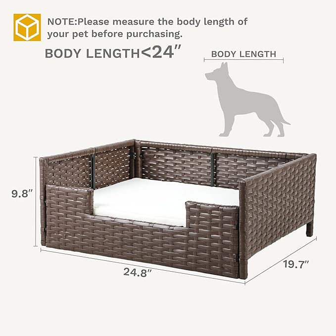 DWVO Rattan Dog House Outdoor Indoor with Cushion, Wicker Dog Sofa Bed for Small, Medium, and Large Dogs, 24.8''L*19.7''W*9.8''H, Beige