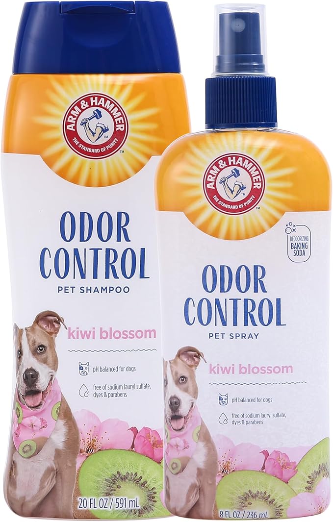 Arm & Hammer Pet Deodorizing Bundle: Super Odor Eliminating Shampoo, 20 Fl Oz and Spray, 8 Fl Oz | Kiwi Blossom Scent | For All Dogs & Puppies