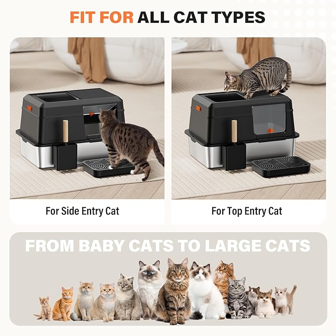 Removable Stainless Steel Cat Litter Box with lid, Side & Top Entry Kitty LitterBox,Cat Litter Box Enclosure, XL Extra Large High-Sided Metal Cat Box with Scoop, Footboard (Black)