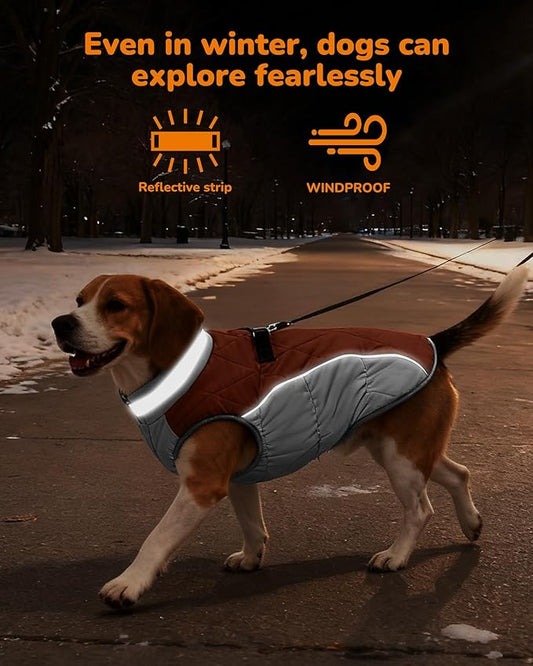 Dog Winter Coat for Large Dogs, Adjustable Puppy Warm Jackets in Cold Weather, Reflective Pet Fleece Vest with External Attachment Points, Zippered Cold-Weather Dog Winter Clothes, L Brown