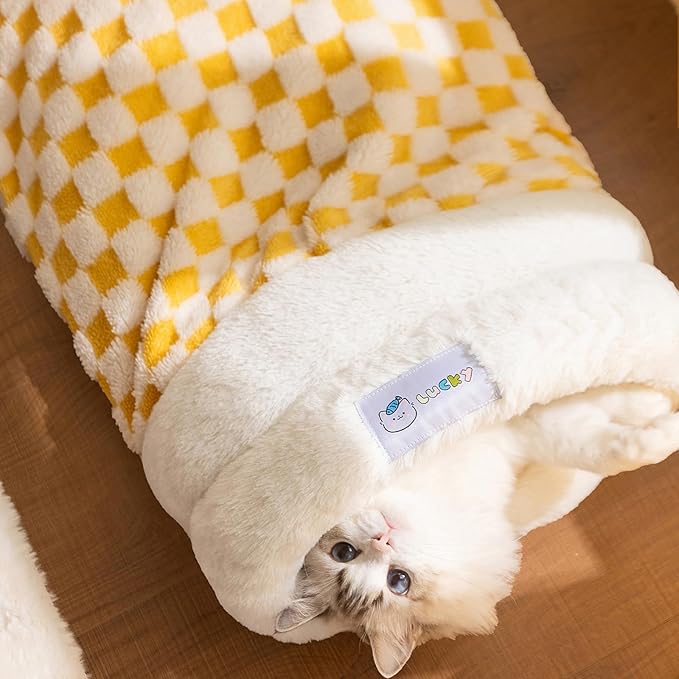 Cat Sleeping Bag, Cat Sleeping Bag for Indoor Cats Self Heating Cozy Winter Soft Plush Self Warm Kittens Indoor Sack 360°Wrap Comfortable Pet Snuggle Sack for Cats up to 8kg/17.6lb (Yellow Plaid)